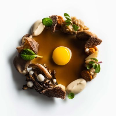 Mushrooms with Pine Roasted royal trumpet mushrooms, roasted hen of the woods mushrooms, pickled chantrelle mushrooms, pickled enoki mushrooms, glazed shitake mushrooms, glazed oyster mushrooms, pine nut puree, cooked barley, teff chip, nasturtium, pursulane and fried quail egg with mushroom sauce on a white surface. Prepared by Daniel Humm at Eleven Madison Park.